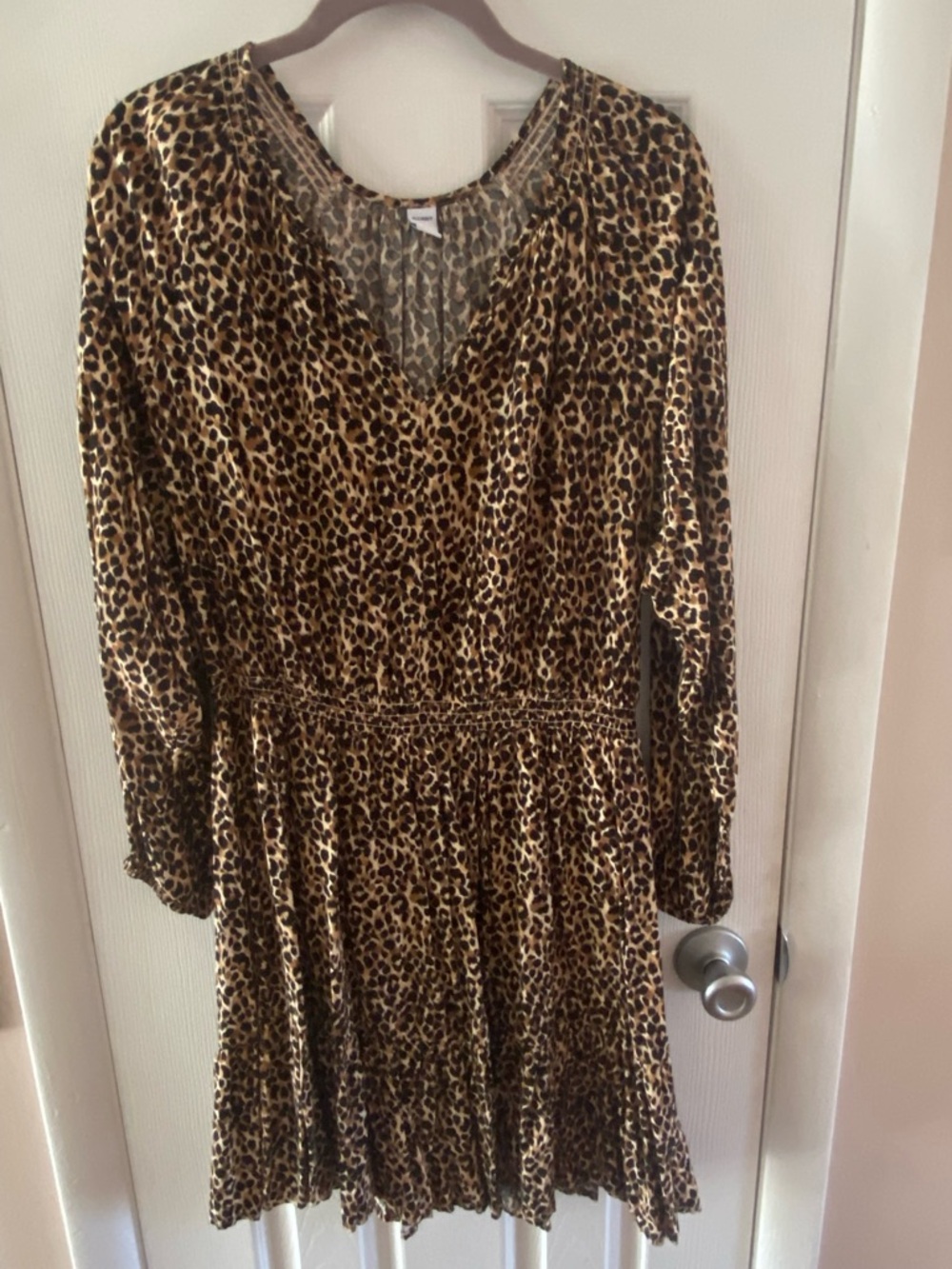 Leopard Print Long Sleeve V-Neck Dress - Brown/Black